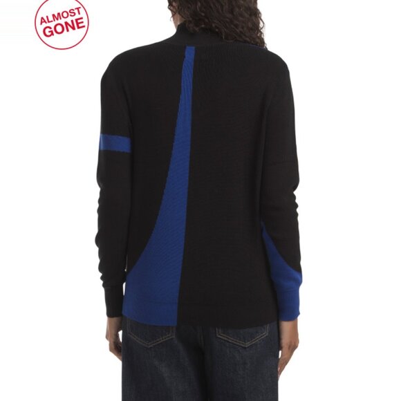 EDINBURGH KNITS Black/Blue Pima Cotton Geo Mock Neck Sweater - Picture 2 of 2